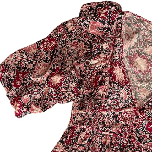 House of Harlow 1960 Jaipur Print Boho Abstract Floral Blouse Top Sz L Black Red - Picture 3 of 16